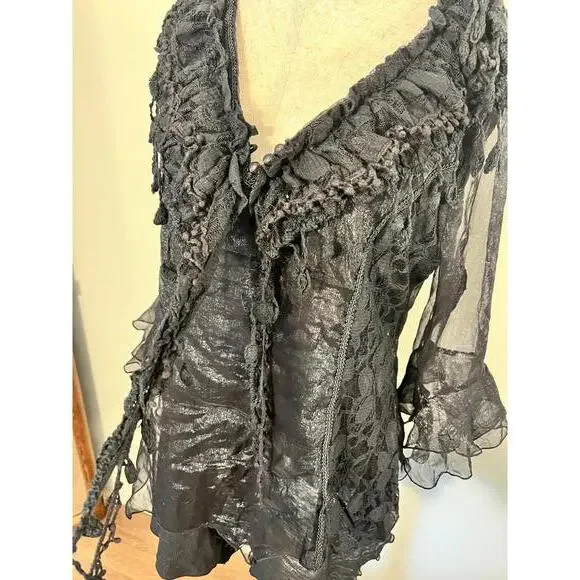 Elegant Black Sheer Ruffled Women's Blouse - Picture 2 of 6